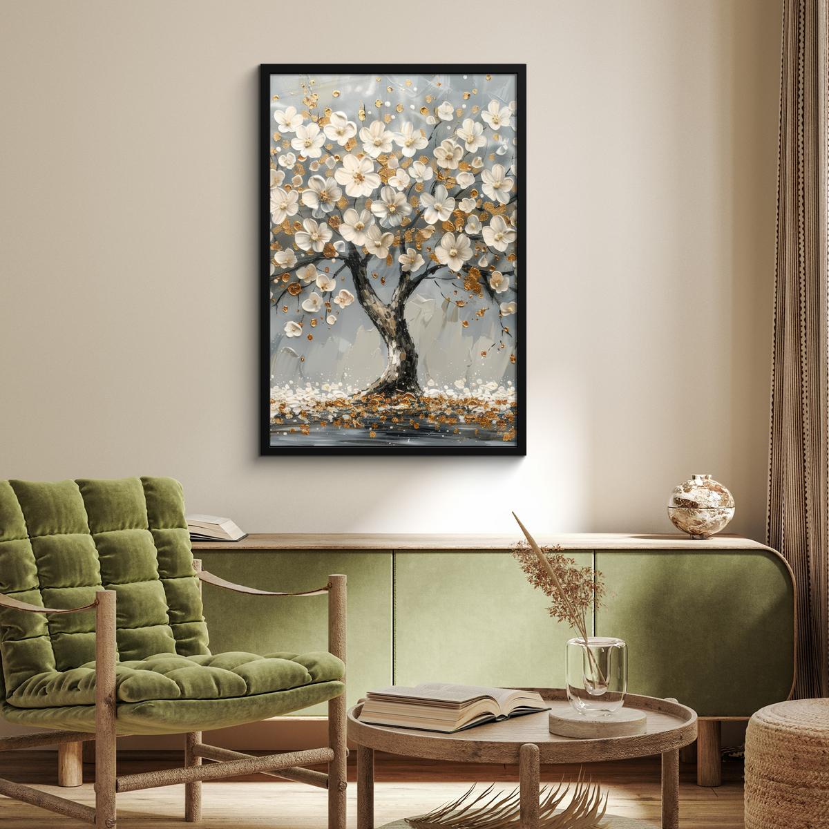 POSTER MIT RAHMENGERAHMTES BILD Baum - Blumen - Weiß - Natur - Kunst 60x90 cm - Weiß, Papier (60/90cm) - MuchoWow