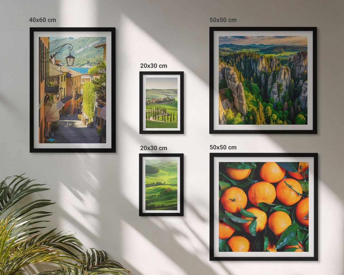 BILDER SET 5er Set - 50x50 cm & 20x30 cm & 40x60 cm Schwarzer Rahmen - Italienische Landschaft Orangen Natur - Schwarz, Kunststoff (40/60cm) - TULUP