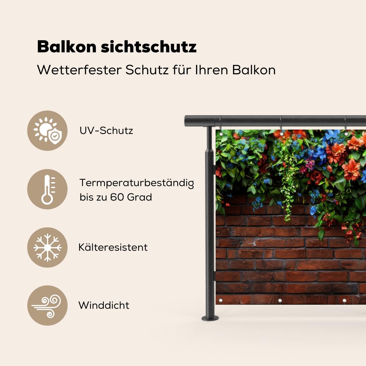 BALKON-SICHTSCHUTZ Blumen - Wand - Grün - Orange Witterungsbeständig 200x110 cm - Rotbraun, Kunststoff (200/110cm) - MuchoWow