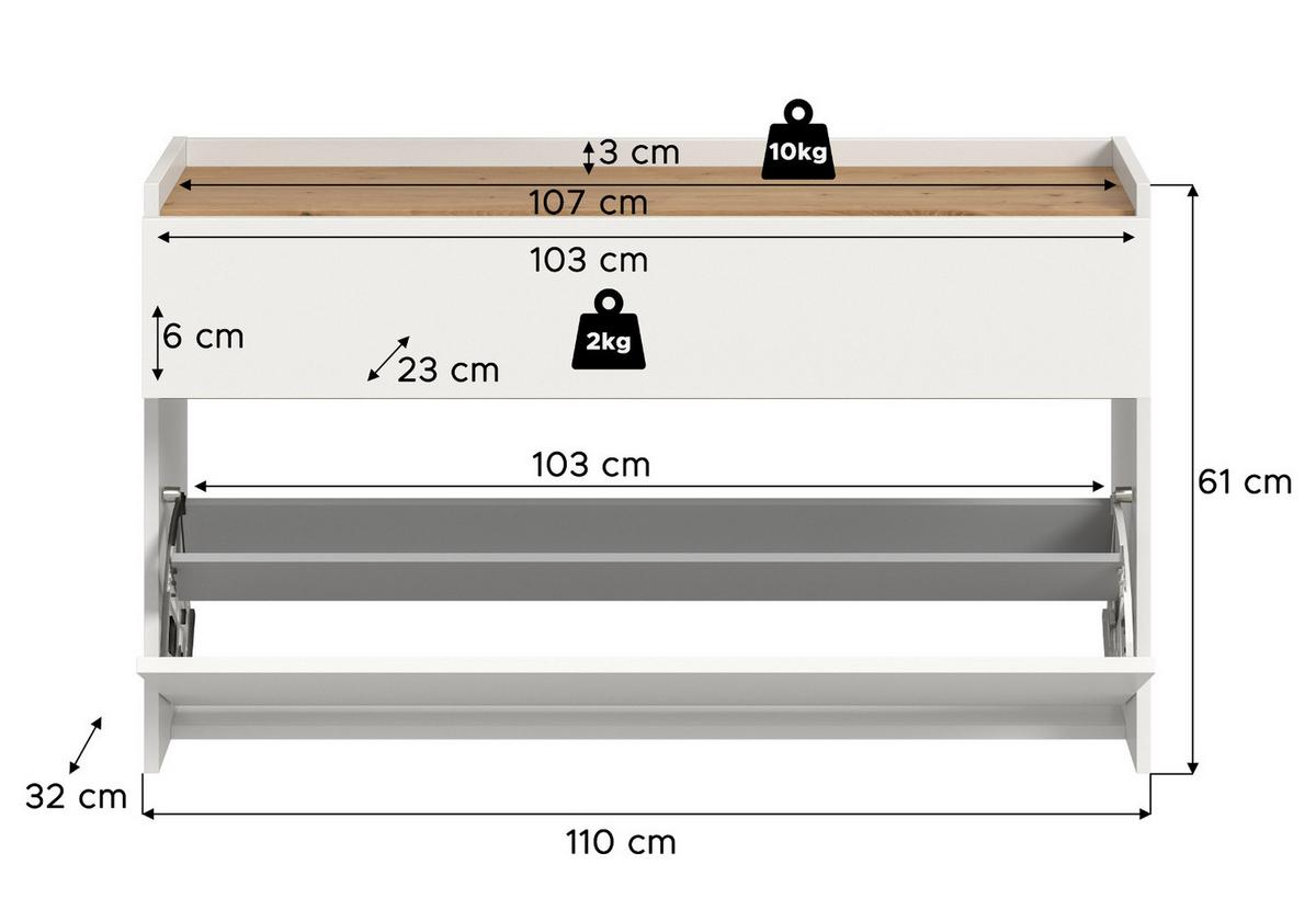 SCHUHKIPPER weiß und Eiche Artisan, Schuhschrank mit Schublade, hängend 110 x 61 cm - Weiß/Eiche Artisan, Holzwerkstoff (110/61/32cm) - Inn.Furn