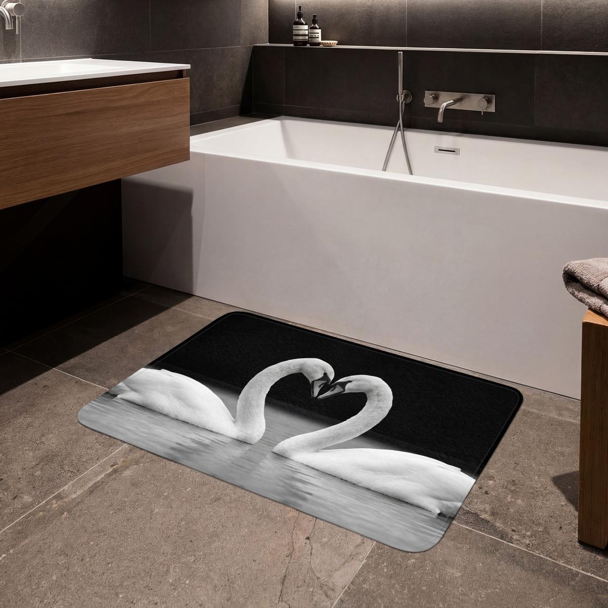 BADEMATTE Schwäne - Herz - Schwarz - Weiß 90x60 cm - Schwarz, Textil (90/60cm) - OnlyWow