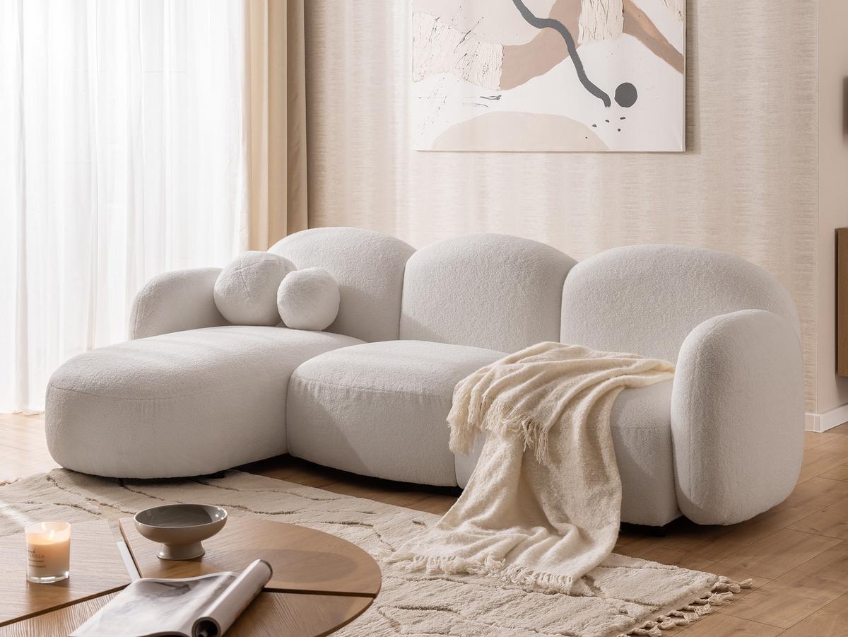 ECKSOFA Nuvola mit abgerundetem Design Weiß Bouclé-Stoff - Ottomane Links - Schwarz/Weiß, Holz/Kunststoff (268/146cm) - S-Style