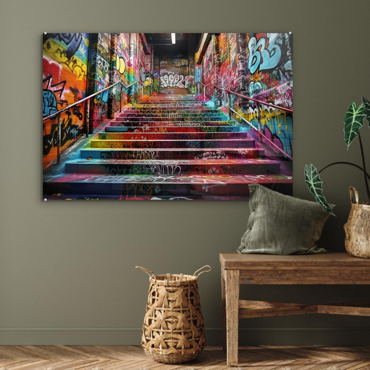 ACRYLGLASBILD Treppe - Graffiti - Farben - Kunst Wandbild Schlafzimmer 120x80 cm - Multicolor, Glas (120/80cm) - MuchoWow