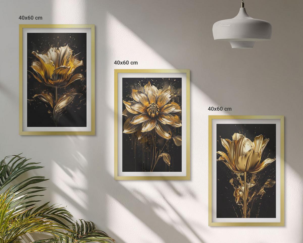 BILDER SET 3er Set - 40x60 cm Goldrahmen - Gelbe Blüten auf dunklem Hintergrund - Goldfarben, Kunststoff (40/60cm) - TULUP