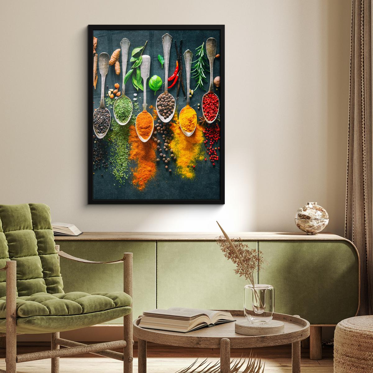 POSTER MIT RAHMENGERAHMTES BILD Kräuter - Gewürze - Löffel Posterleiste 60x80 cm - Currygelb, Papier (60/80cm) - MuchoWow