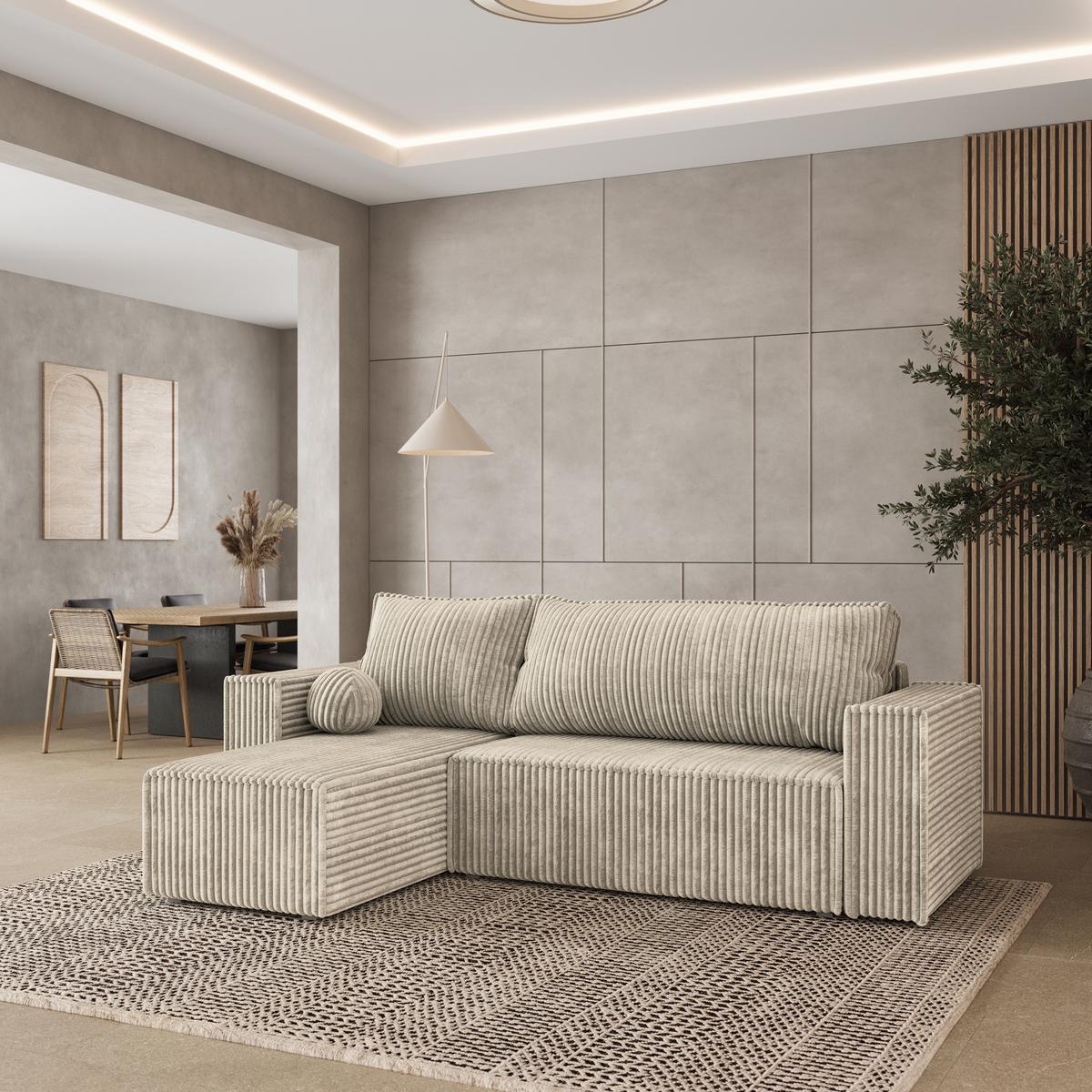 ECKSOFA RAVELO T Creme Kordstoff mit Schlaffunktion - Creme/Grau, Holz/Kunststoff (240/140cm) - MASSENO