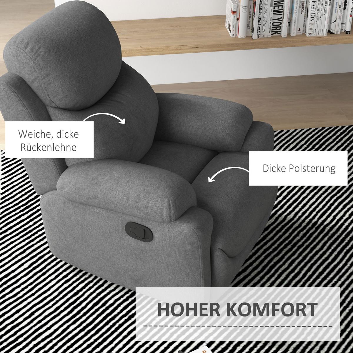 RELAXSESSEL, Fernsehsessel mit Liegefunktion, Liegesessel mit Leinenoptik, Grau - Schwarz/Grau, Textil/Metall (88/102/93cm) - HOMCOM
