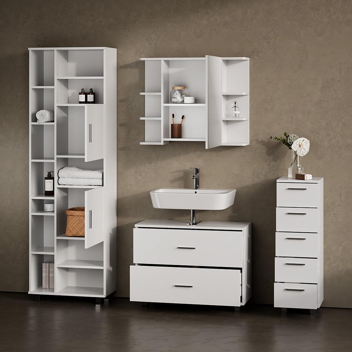 BADMÖBEL-SET Eisak Weiß 4 Teile, mit Hochschrank - Weiß, Holzwerkstoff (80/60/33cm) - Livinity®