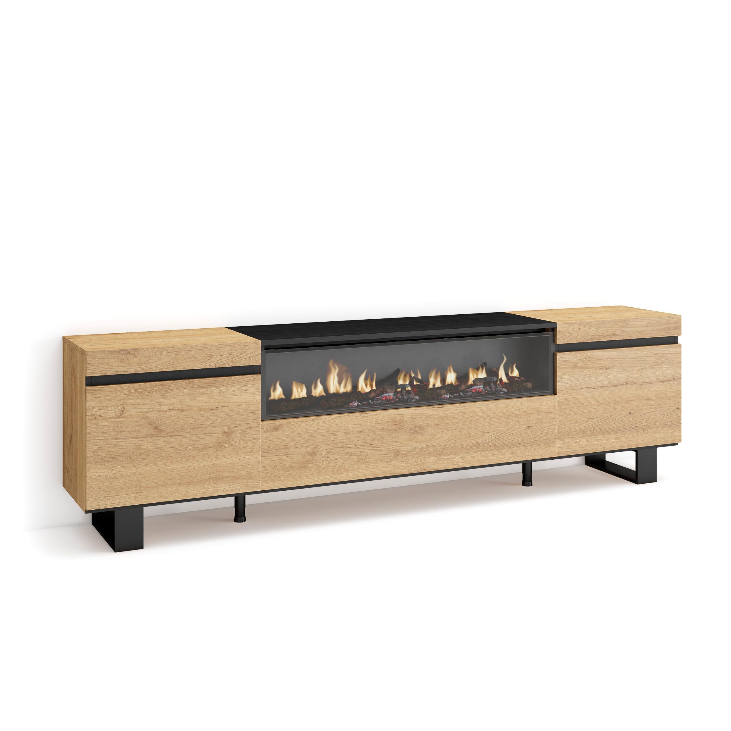 LOWBOARD mit Elektrokamin, Eiche, Schwarz, 200/35/57cm - Eichefarben/Schwarz, Holzwerkstoff (200/57/35cm) - Skraut Home