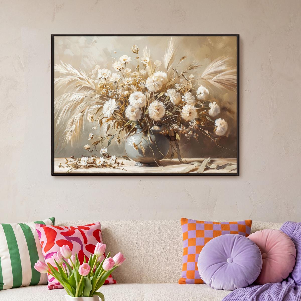 LEINWAND Bilder mit Rahmen - Blumen - Vase - Stilleben - Beige - 100x70 - Creme, Textil (100/70cm) - MuchoWow