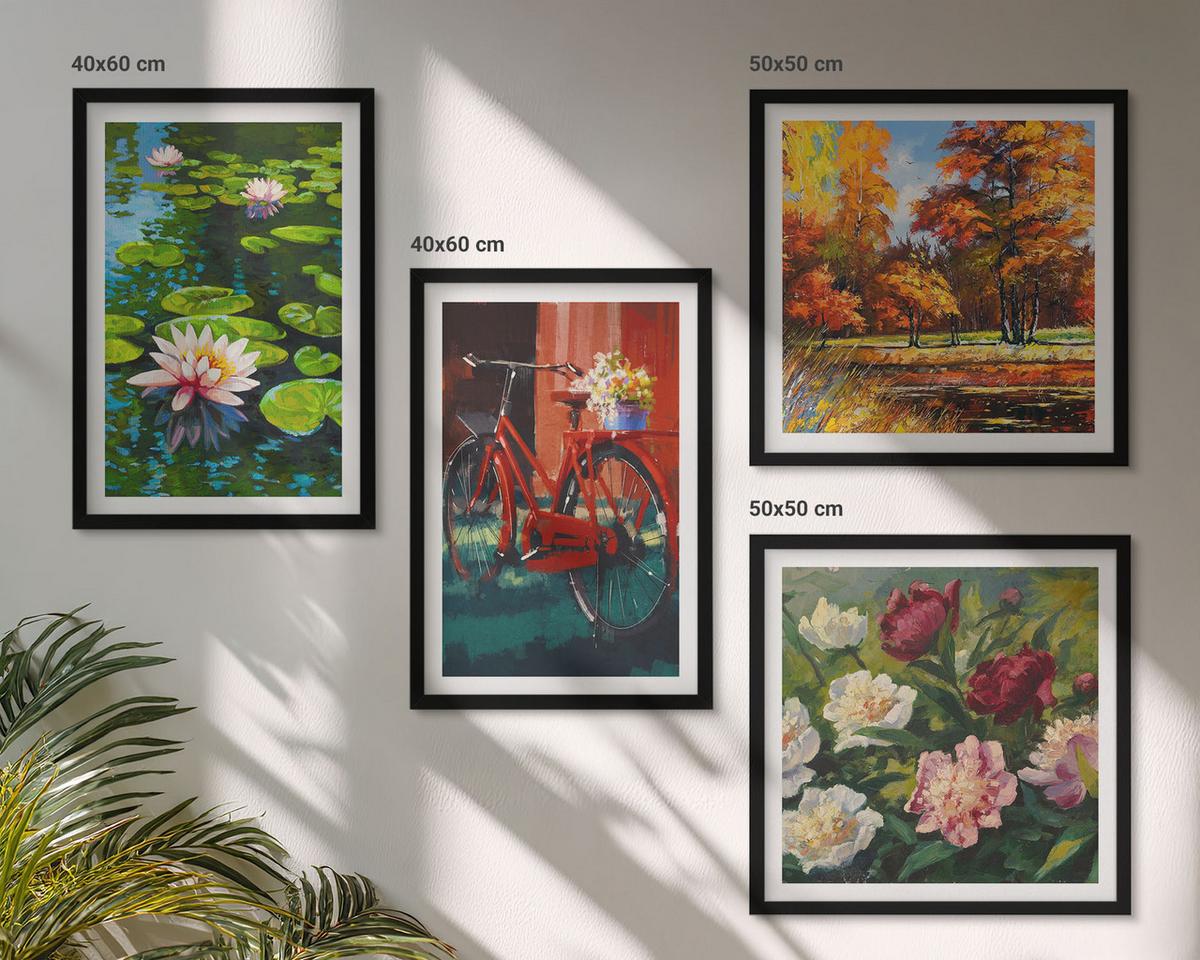 BILDER SET 4er Set - 50x50 cm & 40x60 cm Schwarzer Rahmen - Seerosen, Fahrradblumen - Schwarz, Kunststoff (50/50cm) - TULUP