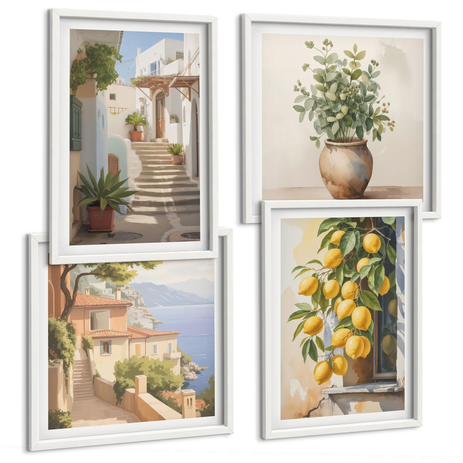 BILDER SET 4er Set - 50x50 cm & 40x60 cm Weißer Rahmen - Zitronenblumen im Topf, Straßen - Weiß, Kunststoff (50/50cm) - TULUP