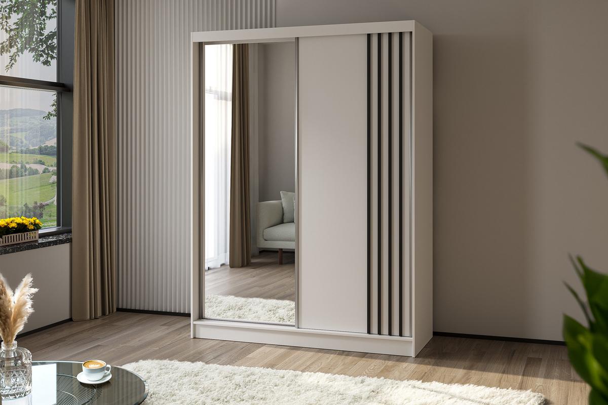KLEIDERSCHRANK mit Spiegel-Schiebetüren und Aluminium-Leisten - NALLA - 160 cm Weiß+Weiß+Schwarz - Schwarz/Weiß, Holzwerkstoff (160/216/61cm) - ALTDECOR