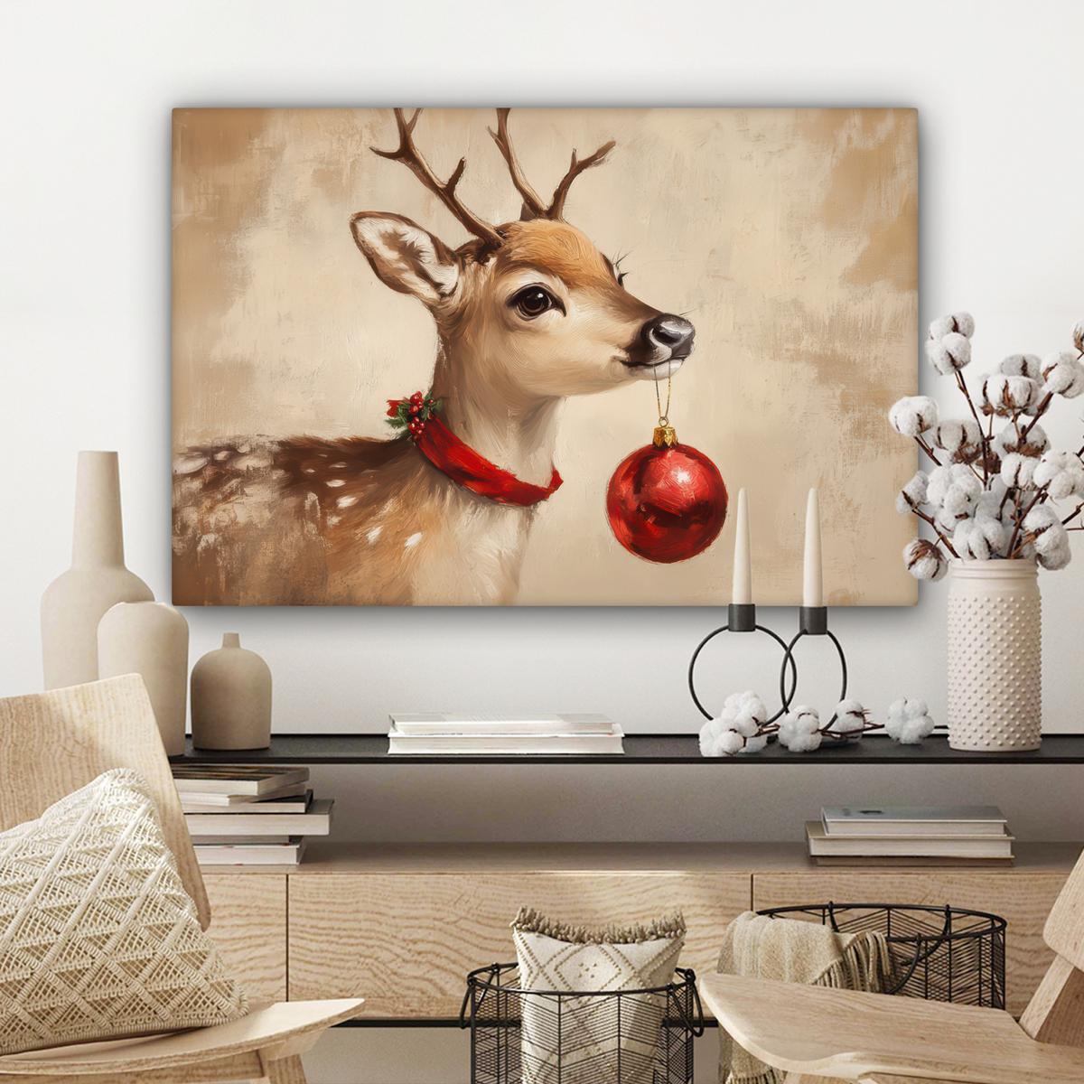 LEINWANDBILD Weihnachten - Hirsch - Geweih - Weihnachtskugel - Rentier Wanddeko 90x60 cm - Hellbraun, Textil (90/60cm) - MuchoWow