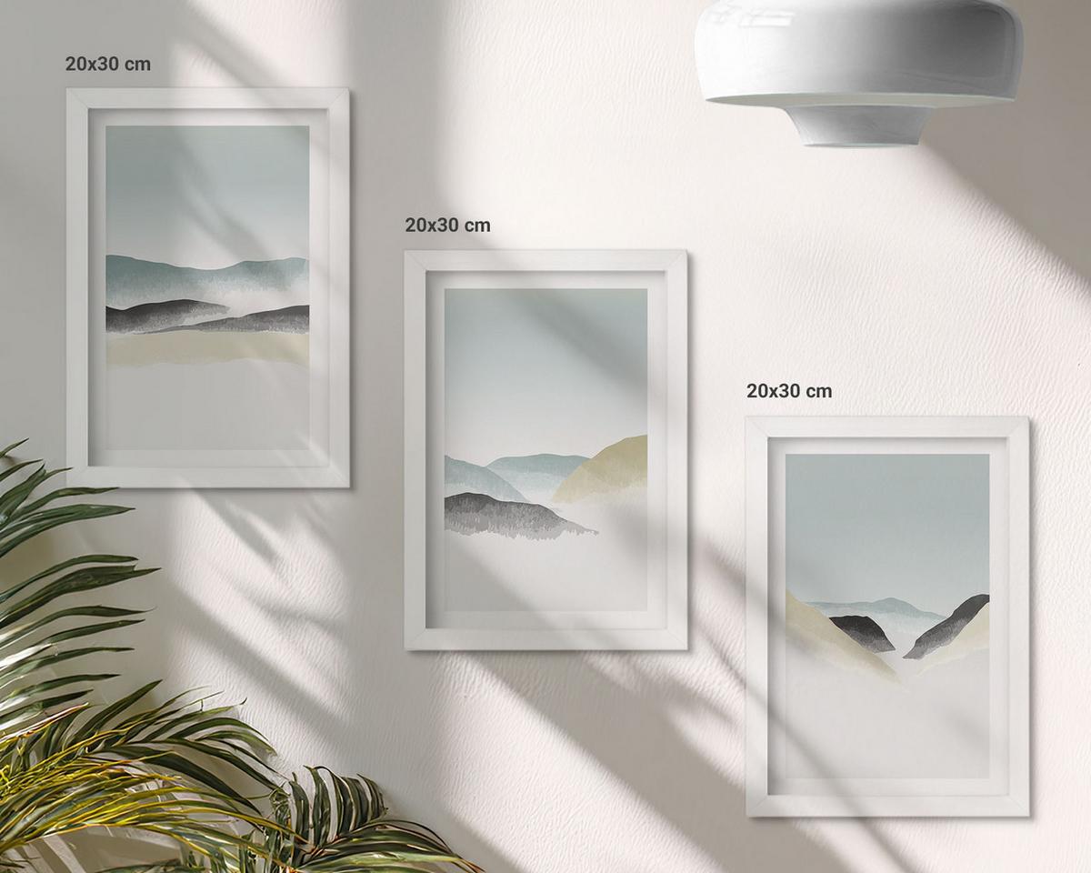 BILDER SET 3er Set - 20x30 cm Weißer Rahmen - Minimalistische Pastellberge - Weiß, Kunststoff (20/30cm) - TULUP