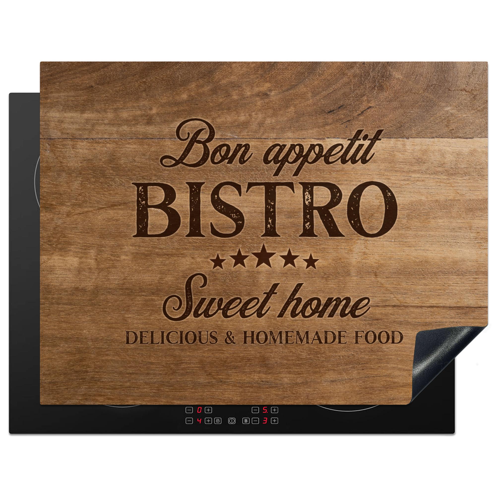 HERDABDECKPLATTE Zitat - Bistro - Guten Appetit - Süßes Zuhause - Holzmaserung Induktionsmatte 77x59 cm - Braun, Kunststoff (77/59/0.2cm) - MuchoWow