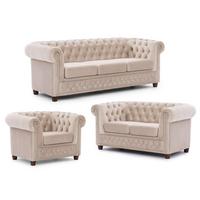 SITZGARNITUR 3+2+1 Chesterfield Cleo Blink Beige Samt mit Kristallsteppung und braunen Massivholzfüßen - Beige/Braun, Holz/Textil (203/72/86cm) - S-Style Möbel