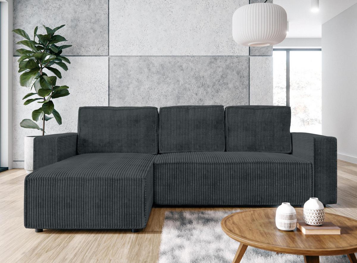ECKSOFA L Form Aydin Grau 258/169/85 cm Cord Universal mit Schlaffunktion - Schwarz/Grau, Kunststoff/Textil (258/169cm) - AX Living