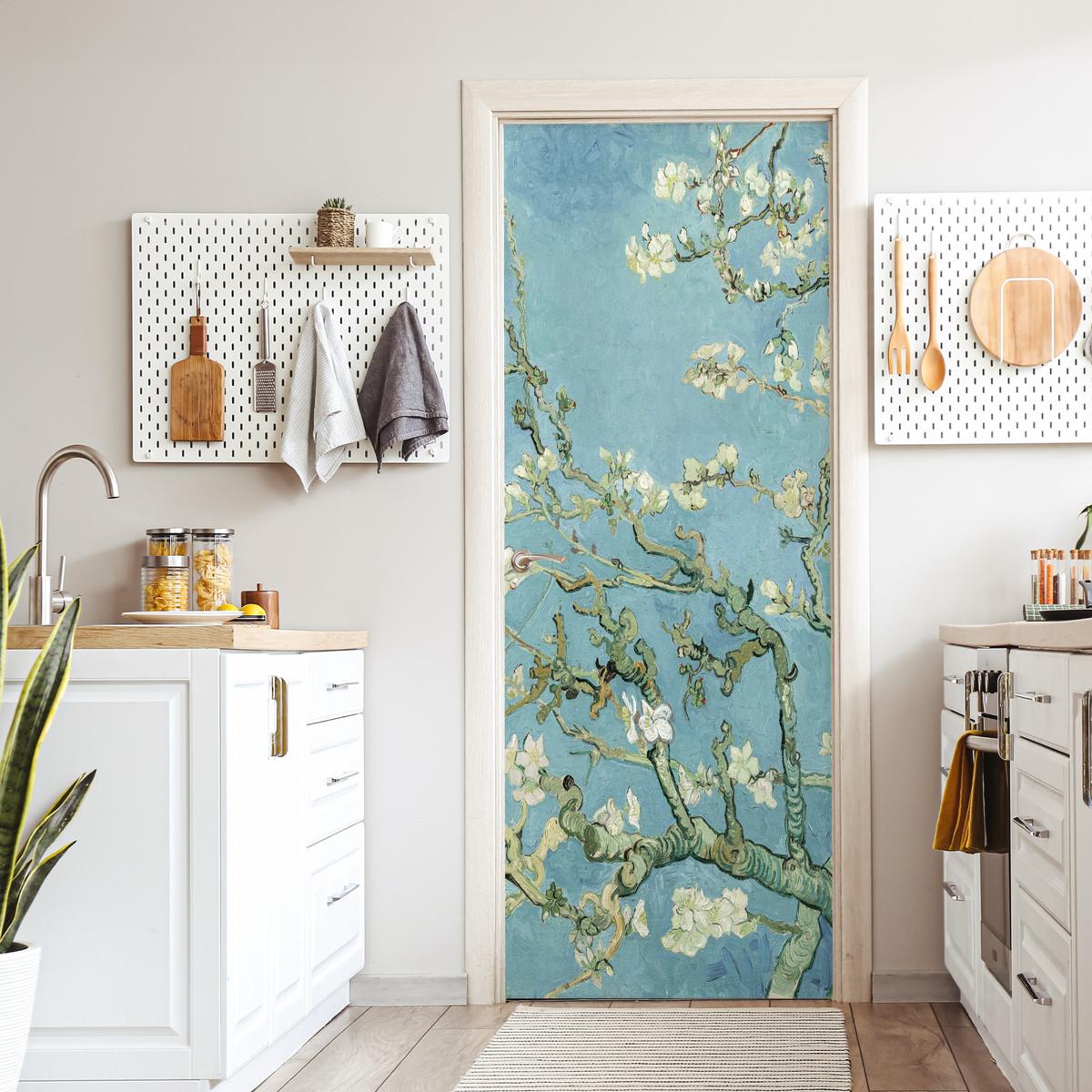 TÜRAUFKLEBER Mandelblüte - Van Gogh - Kunst 85x215 cm - Türtapete - Pastellblau, Kunststoff (85/0.1cm) - MuchoWow