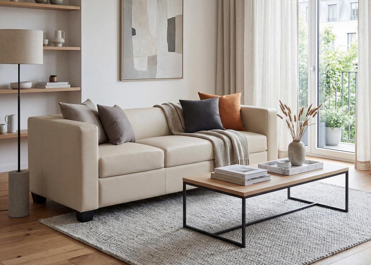 3ER SOFA Cremeweiß - Creme/Weiß, Leder (191/70/75cm) - MCW