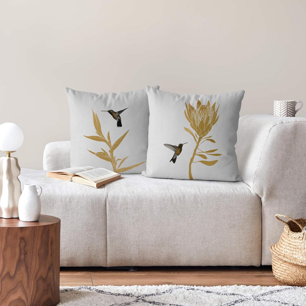 DEKOKISSEN 2er-Set Kolibri und tropische goldene Blüten Duo 40/40 cm - Goldfarben, Textil (40/40cm) - Bilderwelten