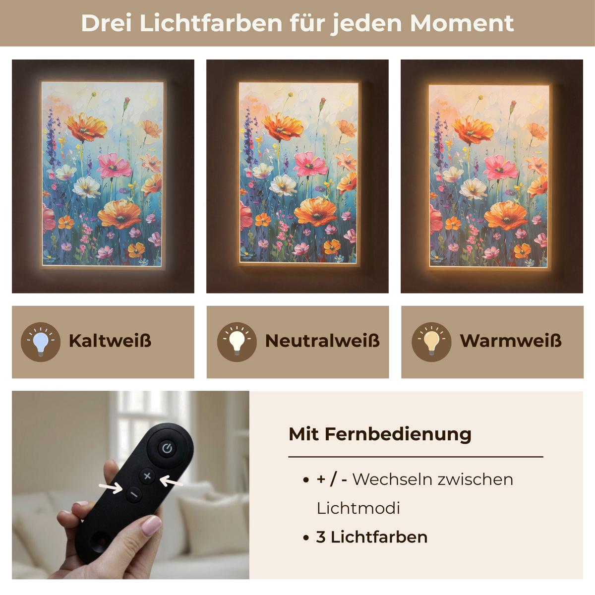 WANDLEUCHTE MIT AKKU Blumen - Natur - Aquarell - Kunst 70x100 cm - Multicolor, Holzwerkstoff (70/100/8cm) - OnlyWow