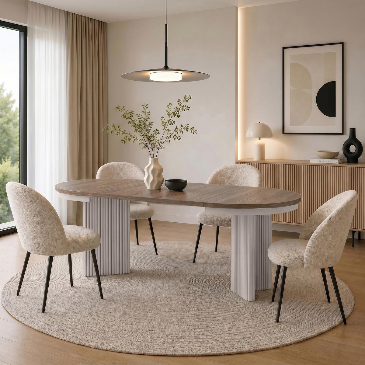 ESSTISCH Prestige runder Design-Tisch, ausziehbar Ø 100–180 cm, Walnuss+Kaschmir - Kaschmir/Walnussfarben, Metall (100/100/77cm) - Beautysofa