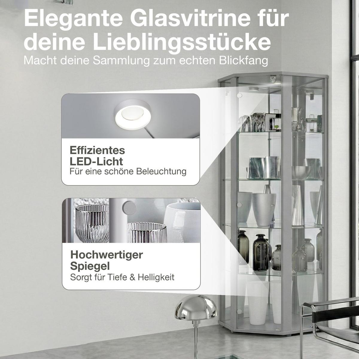ECKVITRINE 56,5/56,5/176 cm mit Spiegel, LED & Schloss - Transparent/Silberfarben, Glas/Holzwerkstoff (56.5/176/56.5cm) - K-Möbel