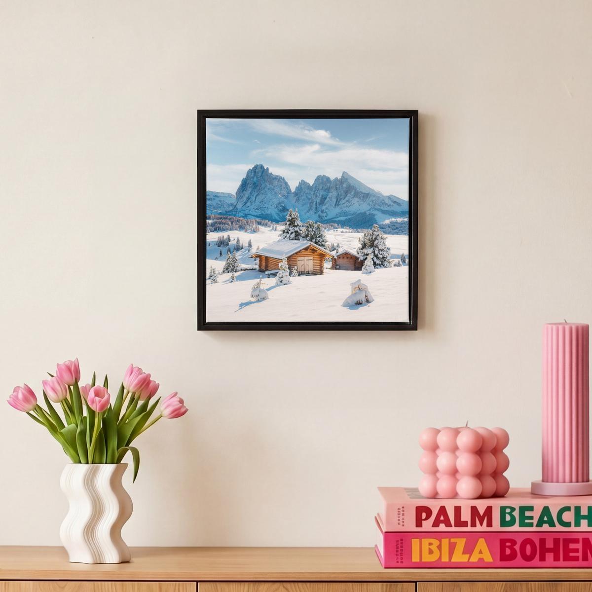 LEINWAND Bilder mit Rahmen - Winter - Hütte - Berge - Aussicht - Schnee - 20x20 - Eichefarben, Textil (20/20cm) - MuchoWow