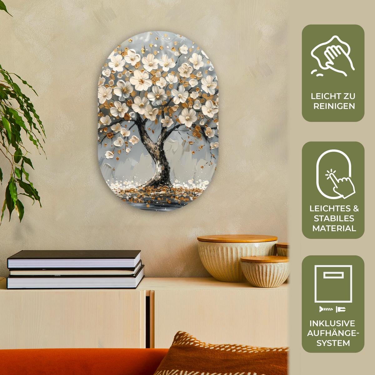 WANDBILD Baum - Gold - Blumen - Abstrakt - Kunst Deko Wohnzimmer 40x60 cm - Goldfarben, Kunststoff (40/60cm) - MuchoWow