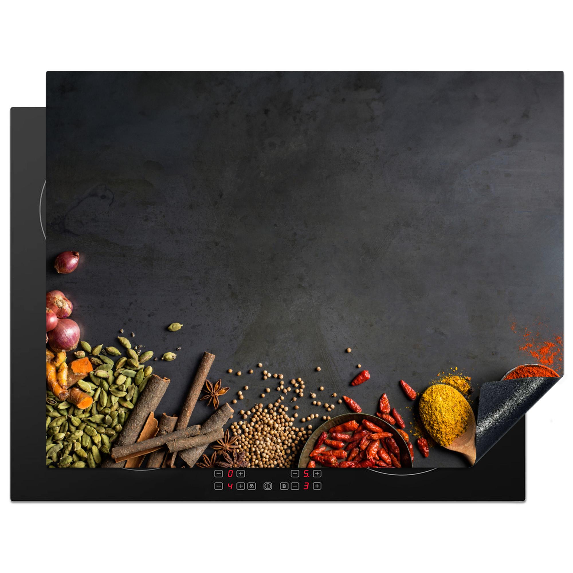 HERDABDECKPLATTE Kräuter - Lebensmittel - Gewürze - Schwarz - Paprika - Zimt Induktionsmatte 77x59 cm - Currygelb, Kunststoff (77/59/0.2cm) - MuchoWow
