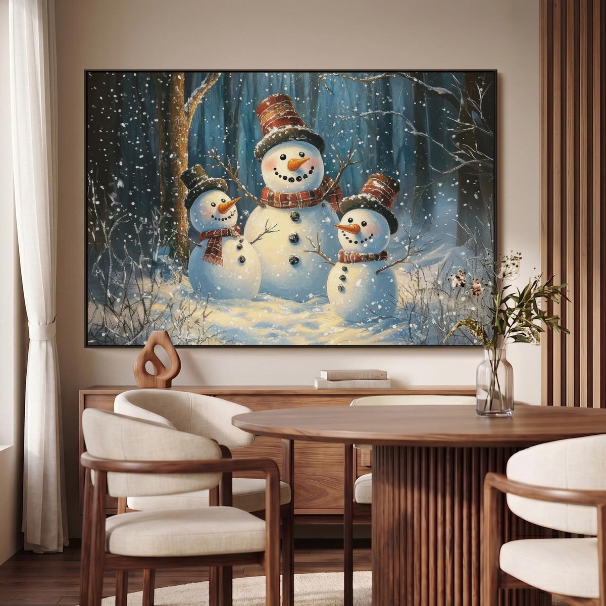 LEINWAND Bilder mit Rahmen - Schneemann - Schnee - Winter - Wald - 150x100 - Hellblau, Textil (150/100cm) - MuchoWow
