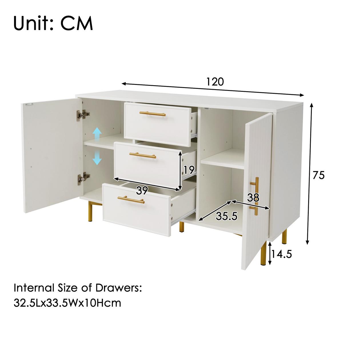 SIDEBOARD holzwerkstoff weiß mit rillenfront, 2 türen & 3 schubladen - Weiß, Holzwerkstoff (120/40/75cm) - Urban Meuble