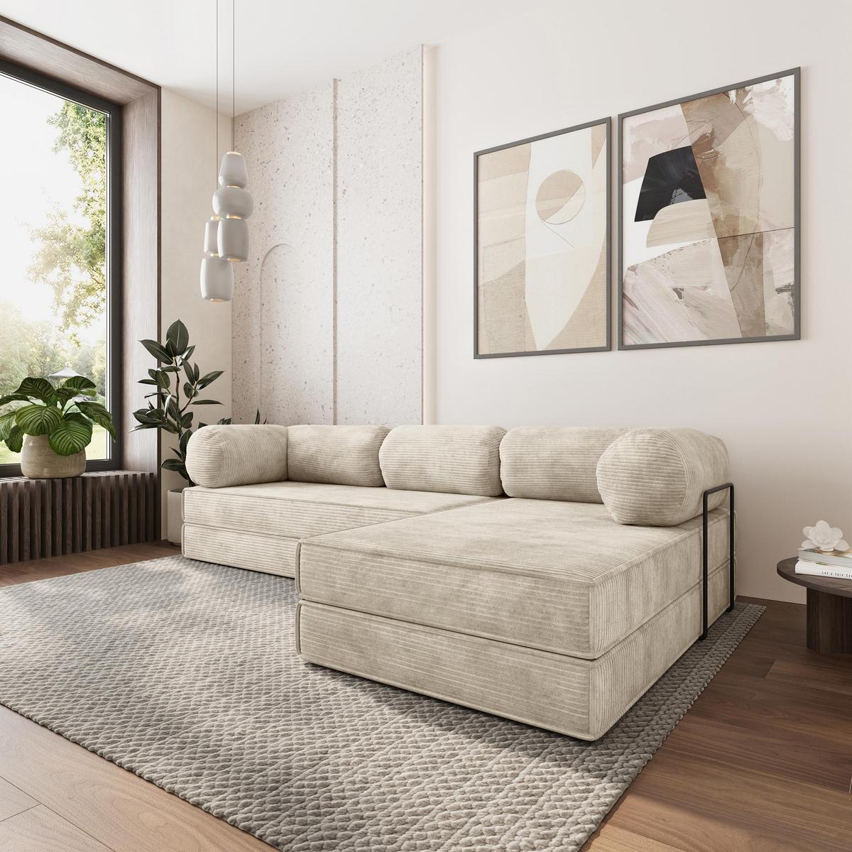 ECKSOFA ETERA modulares Boneless Sofa mit Schlaffunktion Creme Kordstoff - Creme, Textil (270/160cm) - MASSENO