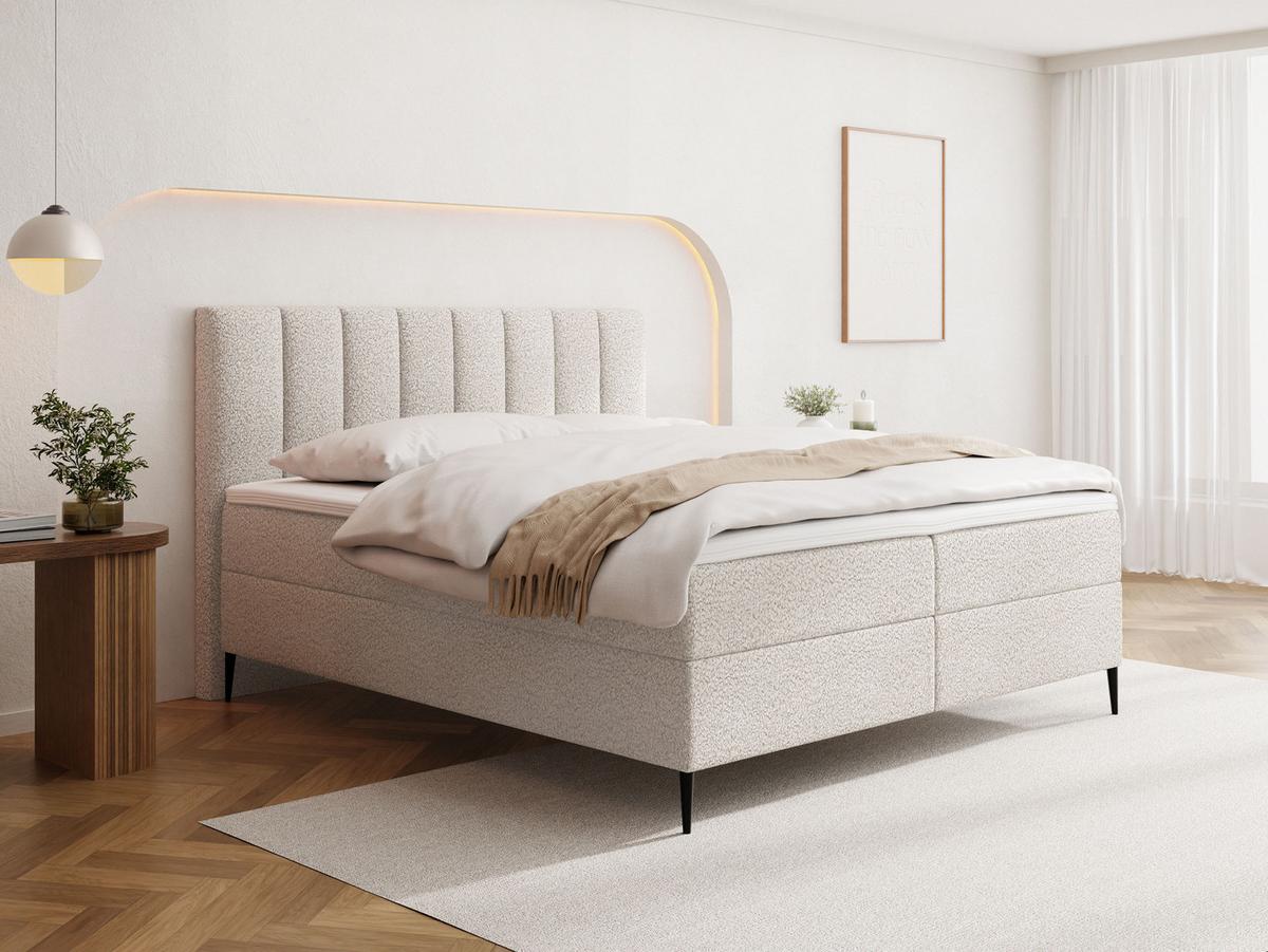 BOXBETT Allen mit Bettkasten, Boucle Weiß 200x200 cm – inkl. H4 Taschenfederkern Matratze & Foam Topper - Schwarz/Weiß, Textil/Metall (200/200cm) - WFL GROUP