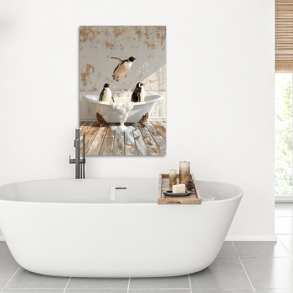 LEINWANDBILD Vintage - Pinguin - Badewanne - Schaumstoff Wanddeko Schlafzimmer 60x90 cm - Schwarz, Textil (60/90cm) - MuchoWow