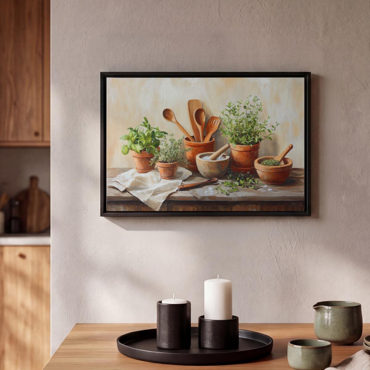LEINWAND Bilder mit Rahmen - Töpfe - Kräuter - Holz - 30x20 - Terracotta, Textil (30/20cm) - MuchoWow