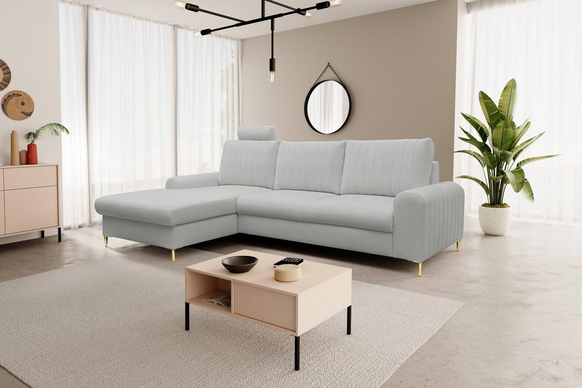 ECKSOFA VERONA L-S Hellgrau Geflochtener Stoff mit Schlaffunktion - Hellgrau, Holz (251/164cm) - MASSENO
