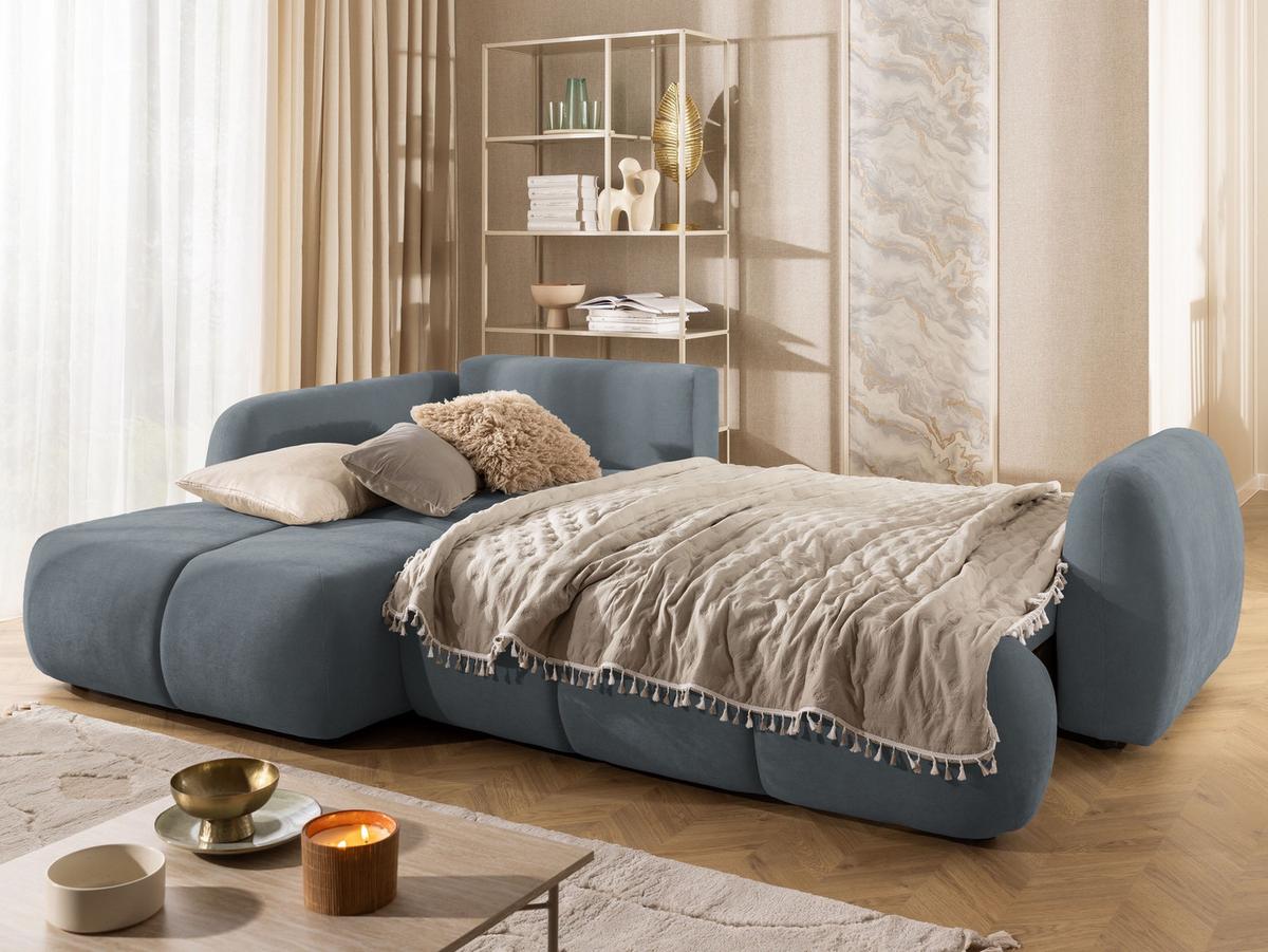 ECKSOFA Loretto aus natürlichem Dunkelgrau Webstoff mit Schlaffunktion, Bettkasten und tiefen Steppungen in Bubble-Optik - Dunkelgrau/Schwarz, Holz/Kunststoff (180/275cm) - S-Style