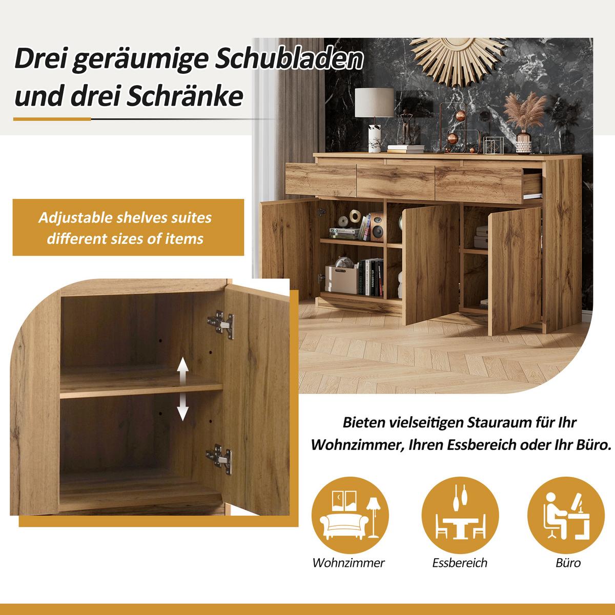 SIDEBOARD Holzoptik Natur 135cm mit 3 Türen & 3 Schubladen - Naturfarben, Holzwerkstoff (135/81/40cm) - Urban Meuble