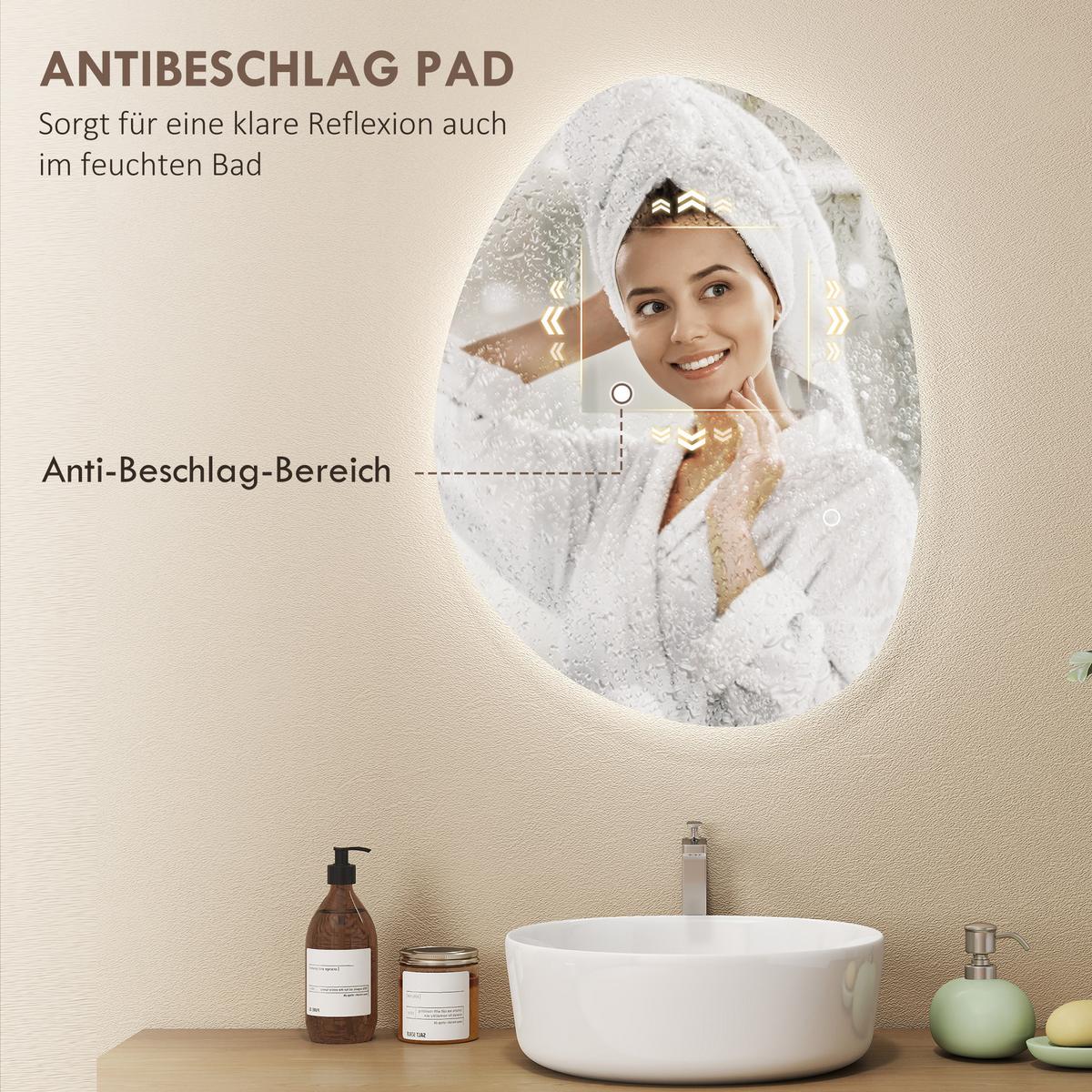 70 x 50 cm Asymmetrischer Badspiegel mit LED-Licht, Anti-Beschlag-Funktion - Silberfarben, Glas (50/70/5cm) - HOMCOM