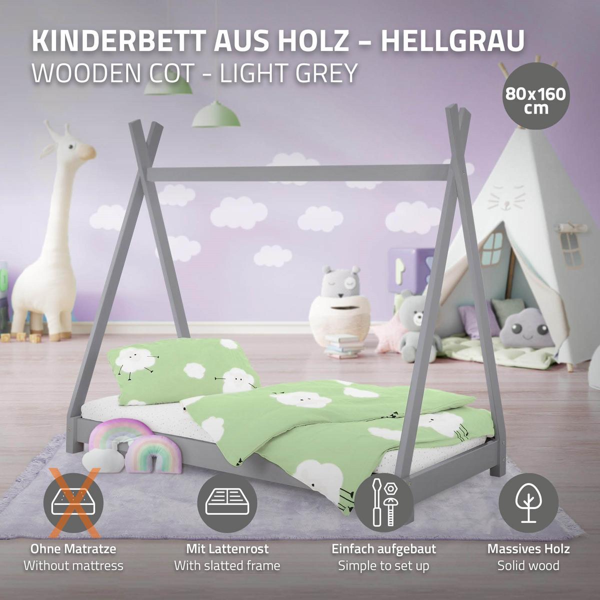 KINDERBETT Tipi 80x160 cm Hellgrau - Hellgrau, Holz (80/160cm) - ML-DESIGN