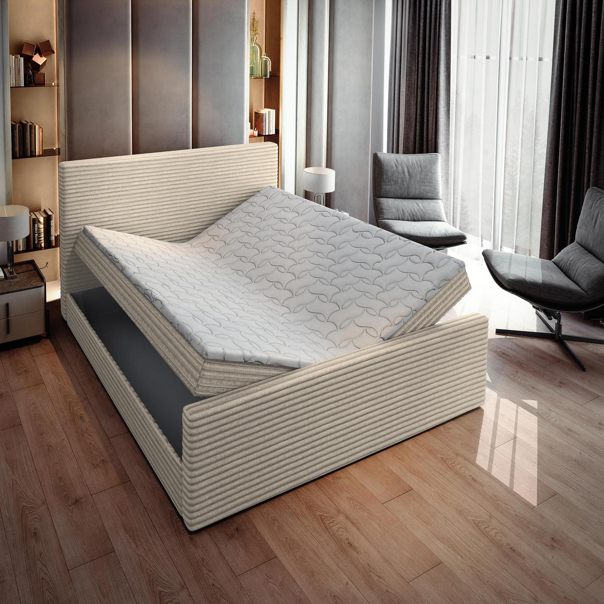 BOXBETT BRENTO 180x200 cm mit Matratze und Topper - Creme - Creme, Holz (180/200cm) - MASSENO