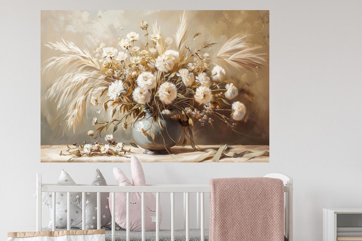 WANDTATTOO Blumen - Vase - Stilleben - Beige Wandsticker 120x80 cm - Creme, Kunststoff (120/80/0.1cm) - MuchoWow