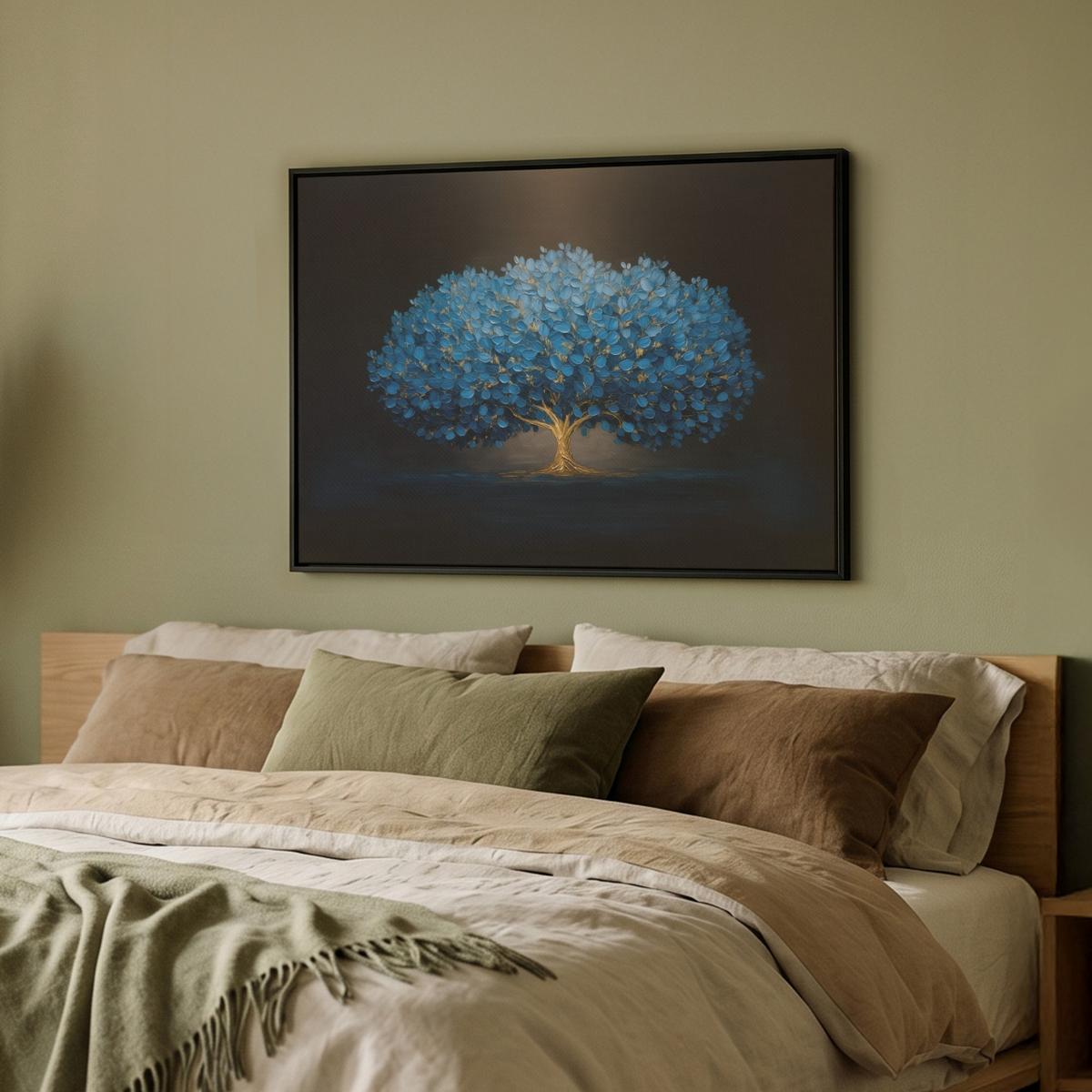 LEINWAND Bilder mit Rahmen - Baum - Blau - Blätter - Pinselstriche - 80x60 - Blau, Textil (80/60cm) - MuchoWow
