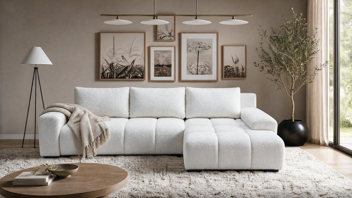 ECKSOFA Ovia mit Bettkasten und Schlaffunktion, Bouclé-Stoff in L-Form - Weiß, Textil (270/185cm)
