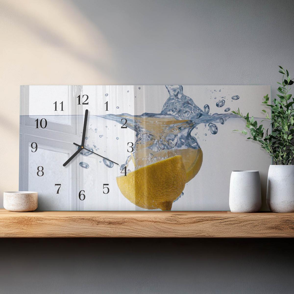 WANDUHR aus Glas 60x30 cm - Zitrone im Wasser - Blau, Glas (60/30/0.4cm) - TULUP