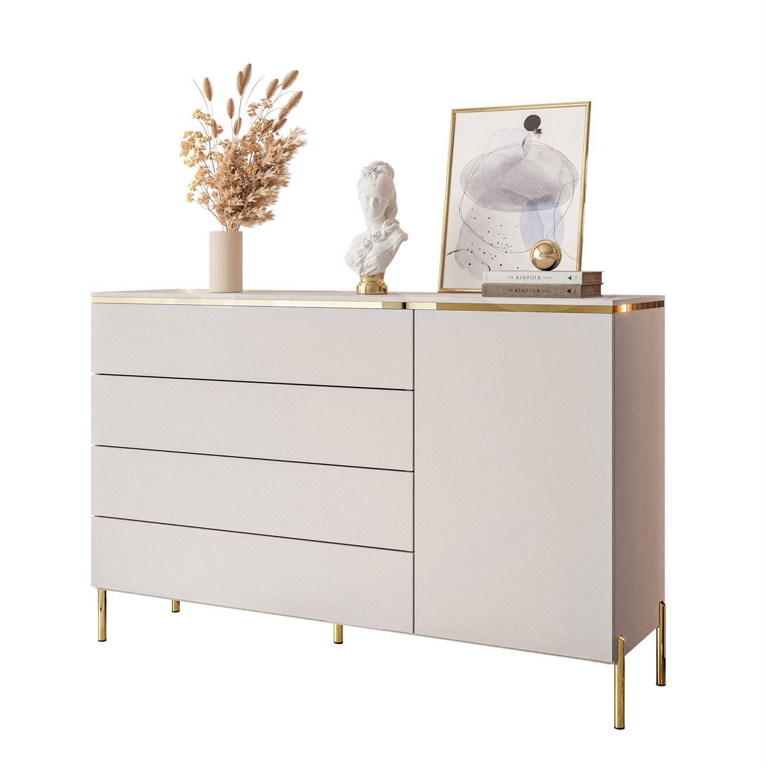 KOMMODE AURORA 4S1D Kaschmir mit gerade Goldchrom Fuße - Kaschmir/Goldfarben, Holzwerkstoff/Metall (140/91/40cm) - Lookway