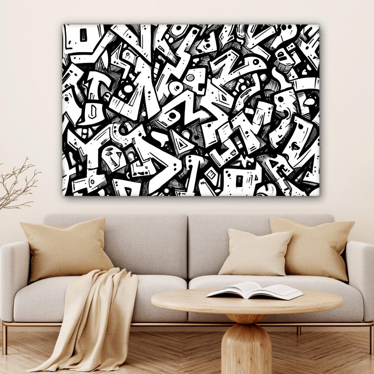 LEINWANDBILD Formen - Buchstaben - Graffiti - Schwarz Wohnzimmer Groß 120x80 cm - Schwarz, Textil (120/80cm) - MuchoWow