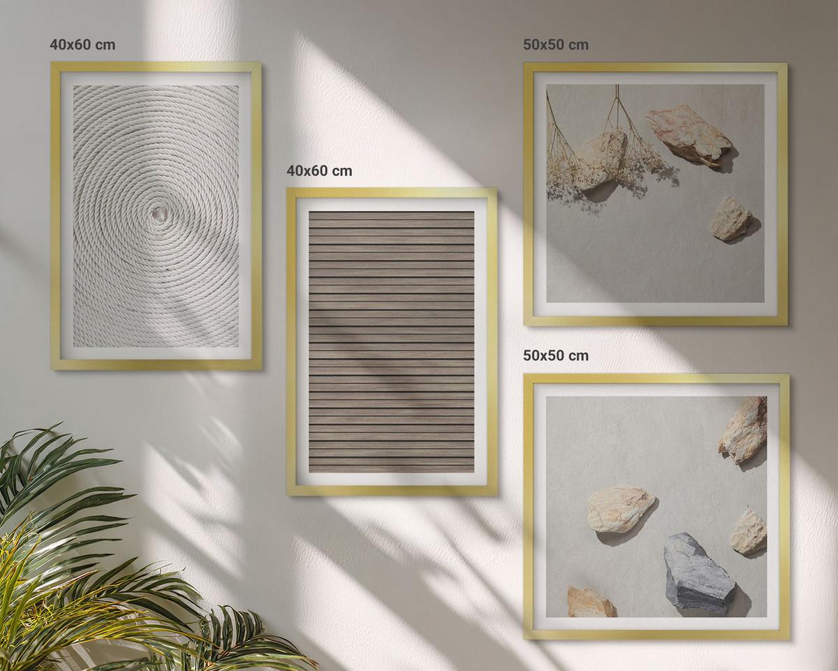 BILDER SET 4er Set - 50x50 cm & 40x60 cm Goldrahmen - Natürliche Texturen Holz Steine - Goldfarben, Kunststoff (50/50cm) - TULUP